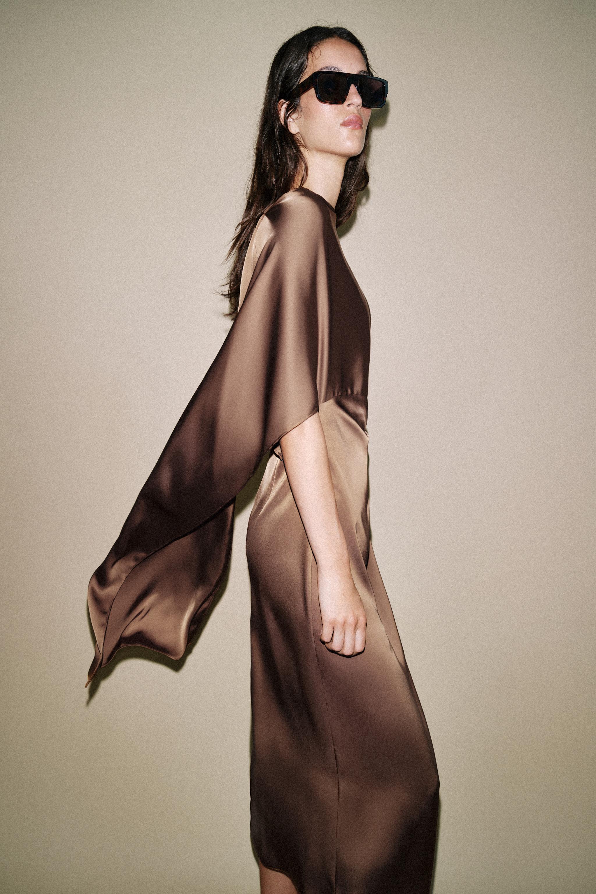 SATIN EFFECT CAPE MIDI DRESS